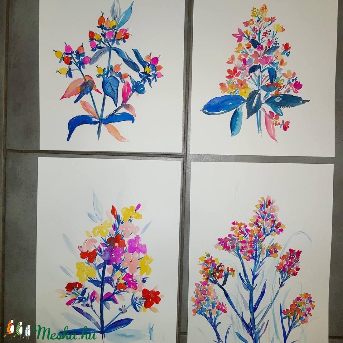 Botanikai növények: eredeti akvarell festmény, kék-rózsaszín, sárga virágok - művészet - festmény - akvarell - Meska.hu