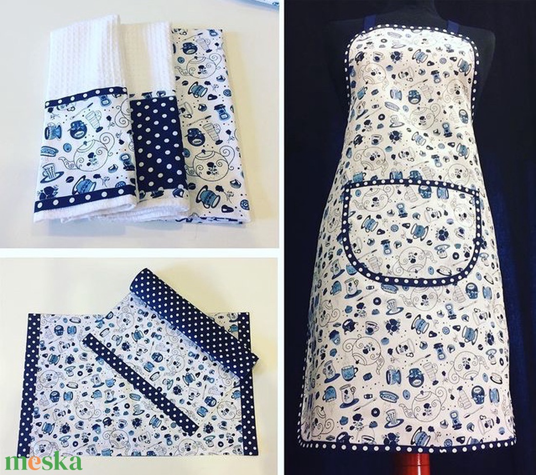 Konyharuha szett kék csészés mintával  - otthon & életmód - konyhafelszerelés, tálalás - konyhai textil - konyharuha & törlőkendő - Meska.hu