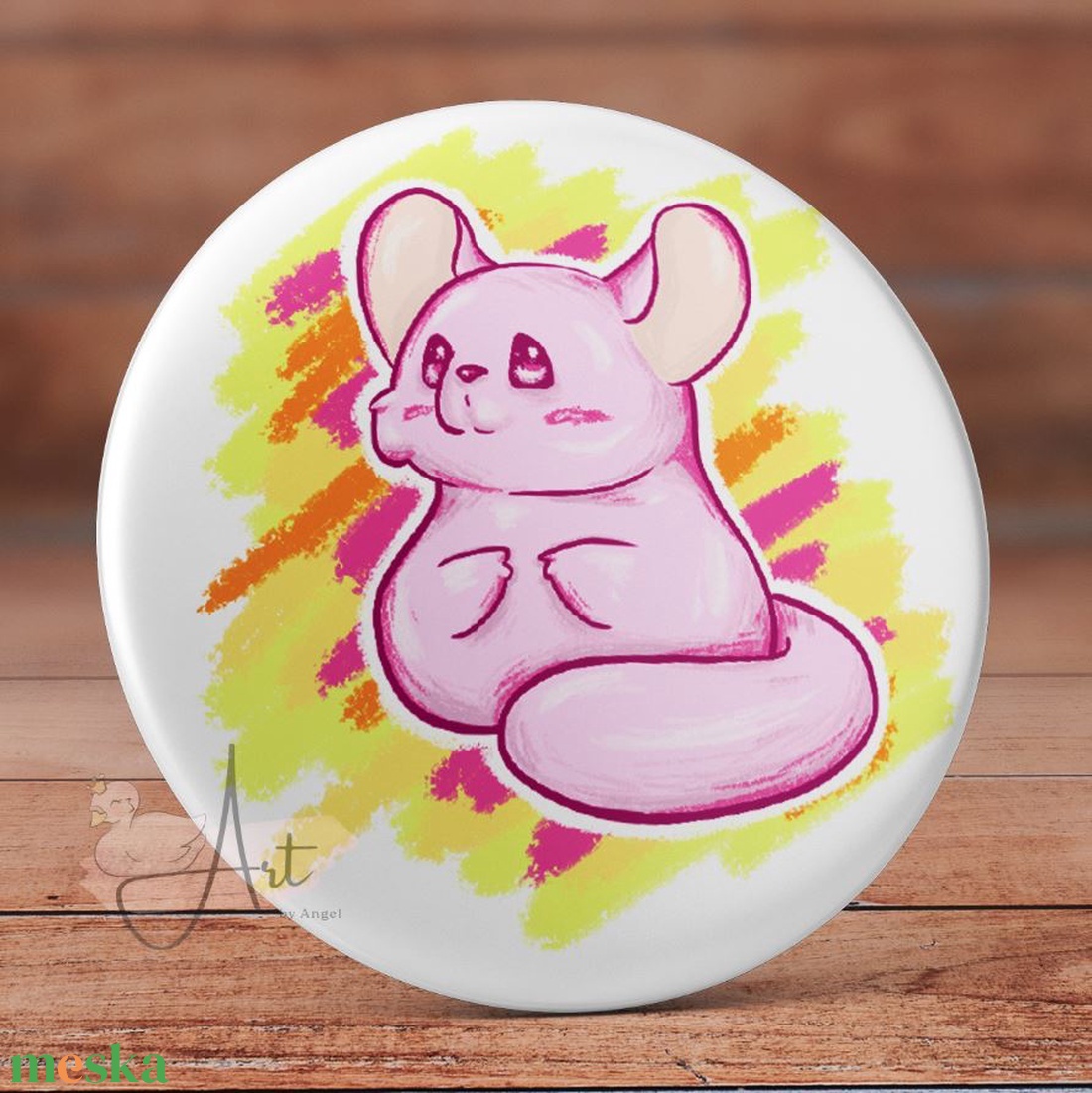 Pasztell csincsilla kitűző - mágnes - matrica - zsebtükör -  cuki - rózsaszín csincsilla - neon színek - anime - kawaii - ékszer - kitűző és bross - kitűző - Meska.hu