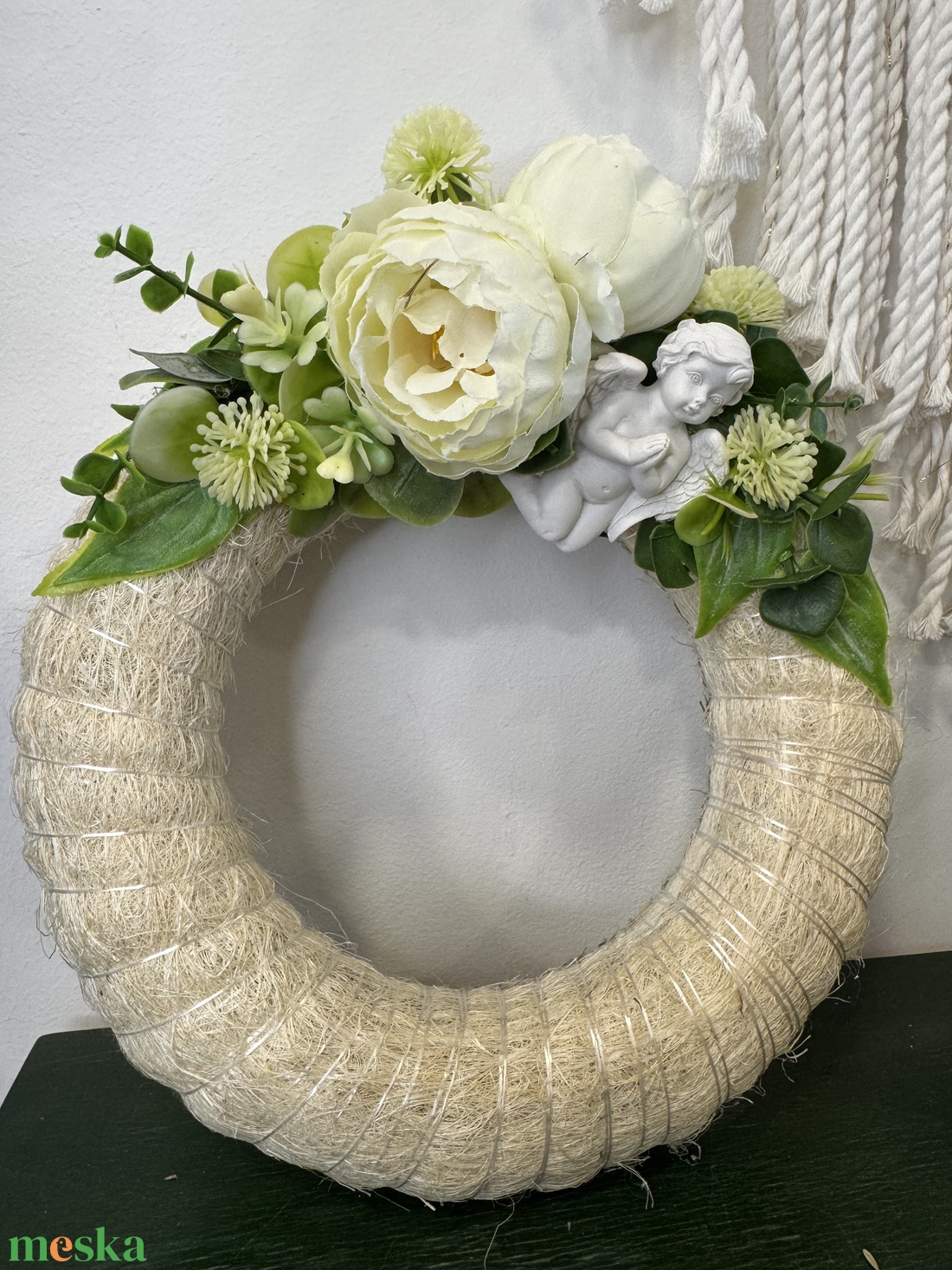 Mindenszenteki koszorú angyalkával  természetes, elegáns hangulatban (20cm) - otthon & életmód - vallás - temetkezési tárgy - Meska.hu