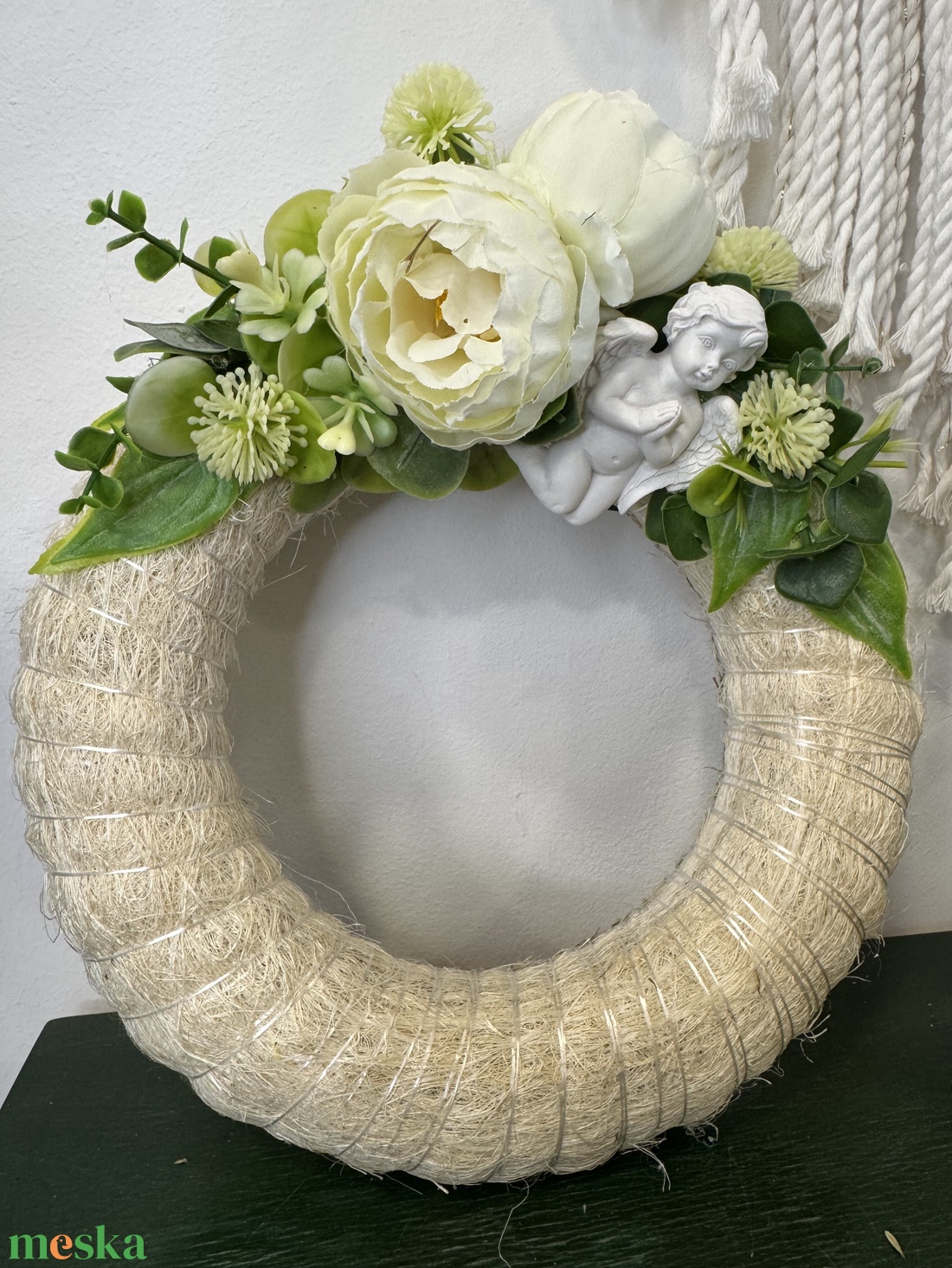 Mindenszenteki koszorú angyalkával  természetes, elegáns hangulatban (20cm) - otthon & életmód - vallás - temetkezési tárgy - Meska.hu