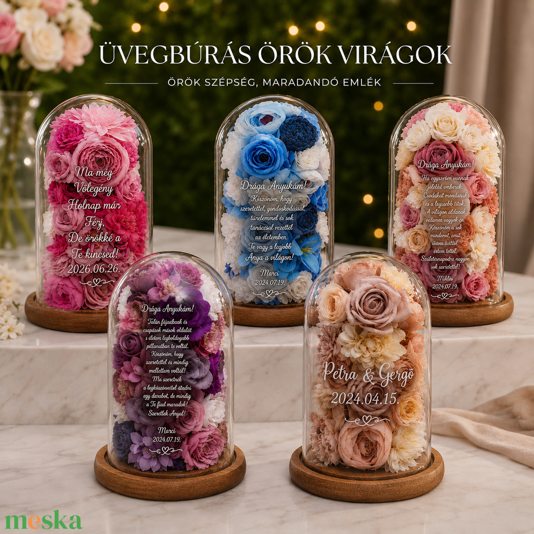 Szülőköszöntő óriás búra virágokkal egyedi idézettel - otthon & életmód - virágdekoráció - virágok - virágbox - Meska.hu