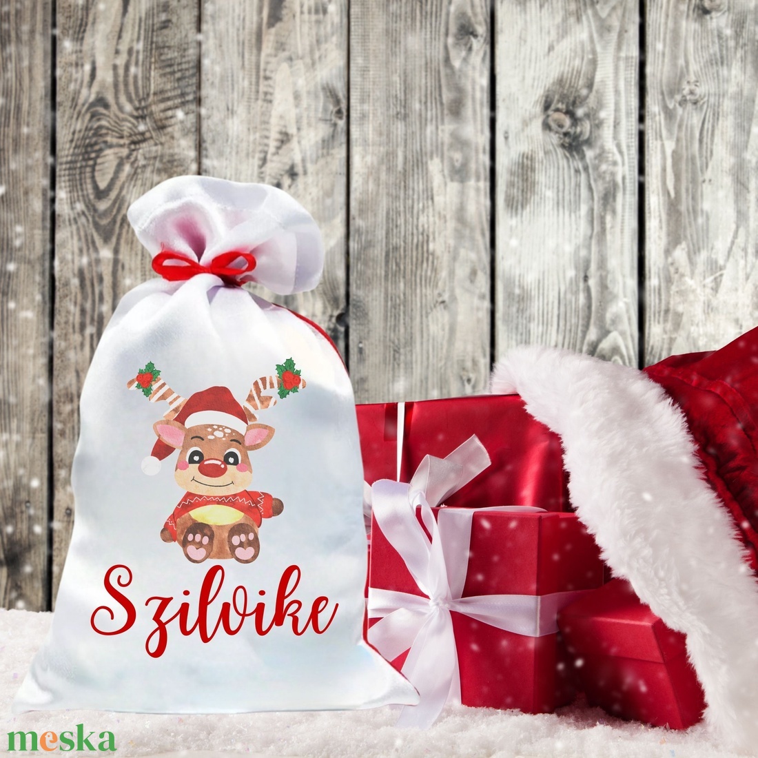 Mikulás zsák egyedi névvel bébi szarvas (2.minta) - karácsony - mikulás - mikulás zsák - Meska.hu