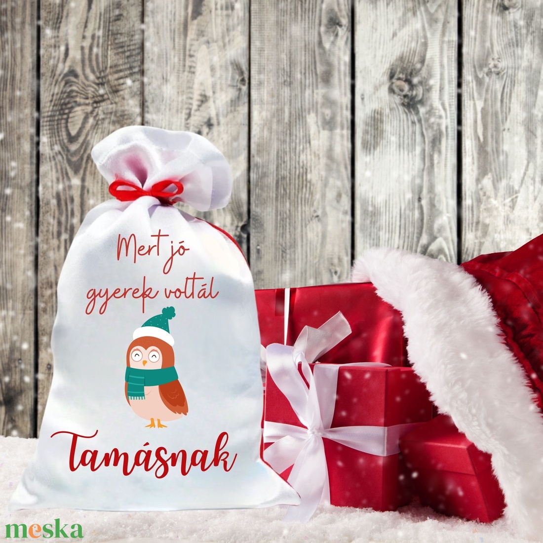 Mikulás zsák egyedi névvel bagoly (7.minta) - karácsony - mikulás - mikulás zsák - Meska.hu