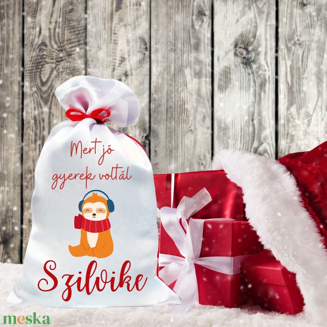 Mikulás zsák egyedi névvel lajhár (9.minta) - karácsony - mikulás - mikulás zsák - Meska.hu