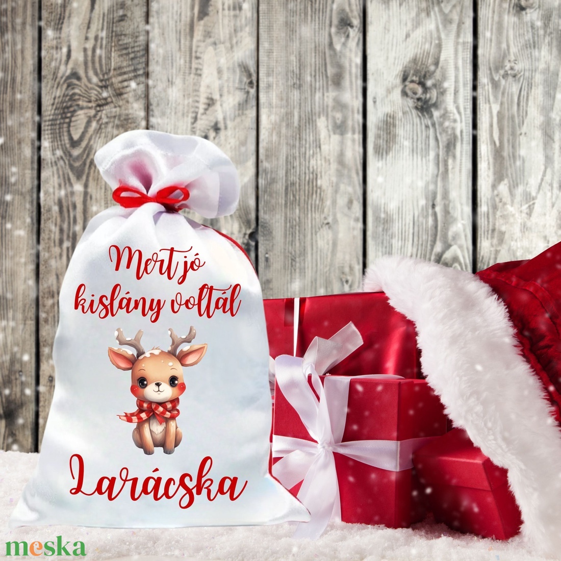Mikulás zsák egyedi névvel lány szarvas (11.minta) - karácsony - mikulás - mikulás zsák - Meska.hu
