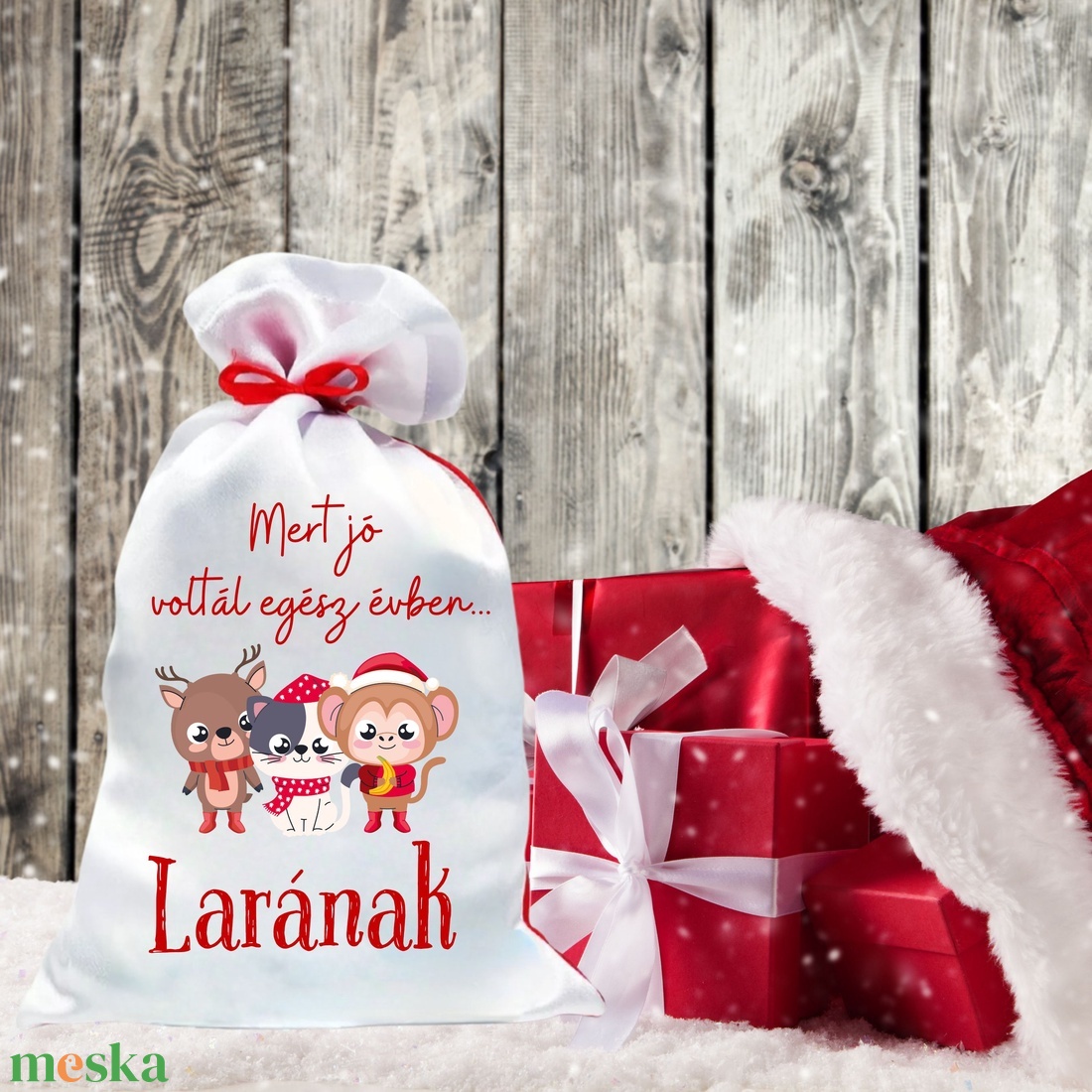 Mikulás zsák egyedi névvel állatkás (16.minta) - karácsony - mikulás - mikulás zsák - Meska.hu