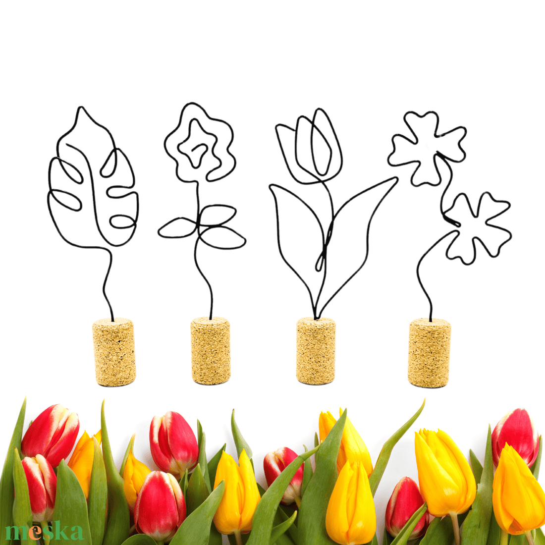 Kis drótvirágok parafadugóban - tulipán, rózsa, lóhere, négylevelű lóhere - Kézműves örök virágok - apró kis ajándék - otthon & életmód - dekoráció - virágdísz és tartó - csokor & virágdísz - Meska.hu