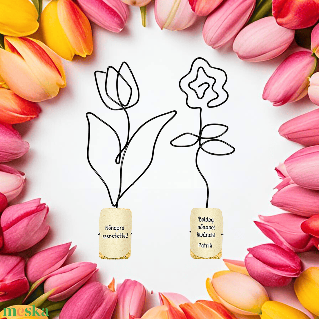 Kis drótvirágok parafadugóban - tulipán, rózsa, lóhere, négylevelű lóhere - Kézműves örök virágok - apró kis ajándék - otthon & életmód - dekoráció - virágdísz és tartó - csokor & virágdísz - Meska.hu