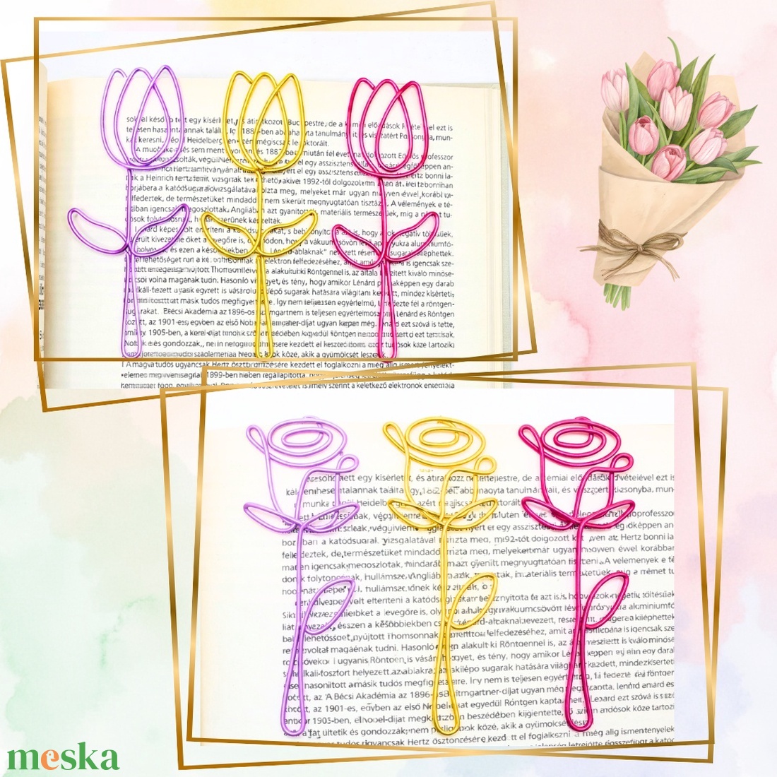 Színes, virágos könyvjelzők drótból - hölgyeknek, kislányoknak, ovisoknak- Nőnapra szeretettel - Tulipán, rózsa, lóhere - könyv & zene - könyvjelző - Meska.hu