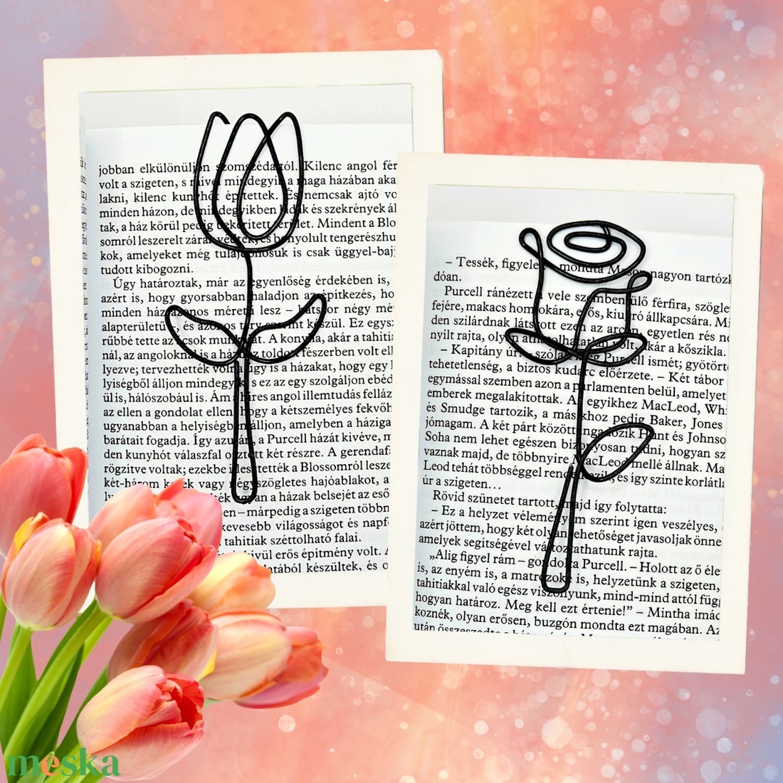 Virágos könyvjelzők drótból - ajándék hölgyeknek, kislányoknak, ovisoknak- Nőnapra szeretettel - Nőnapi tulipán, rózsa - könyv & zene - könyvjelző - Meska.hu