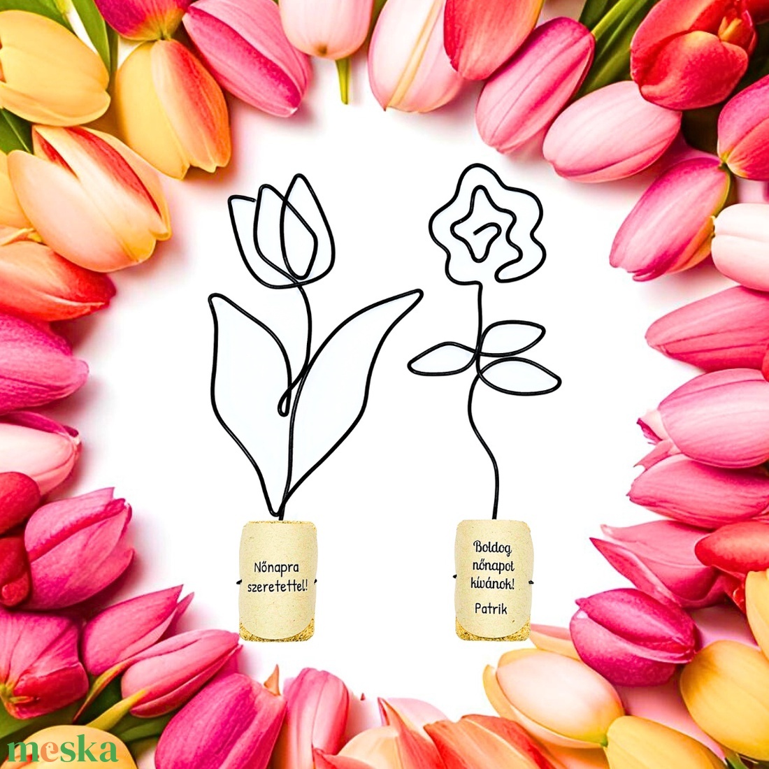 Kis drótvirágok hölgyeknek, kislányoknak, ovisoknak- Nőnapra szeretettel - Tulipán, rózsa - egyedi nőnapi ajándékötlet - otthon & életmód - virágdekoráció - virágdíszek - asztali virágdísz - Meska.hu