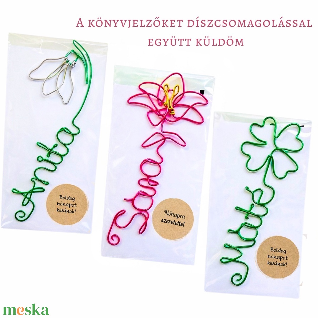 Névre szóló virágos könyvjelzők drótból nőnapra - liliom, hóvirág, lóhere -  nőnapi ajándékötlet oviba, iskolába - könyv & zene - könyvjelző - Meska.hu
