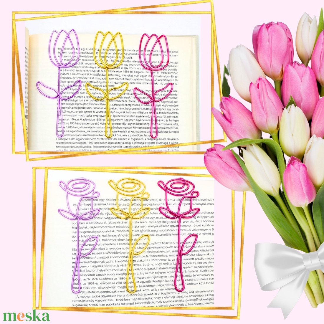 Színes, virágos könyvjelzők drótból - hölgyeknek, kislányoknak, ovisoknak- Nőnapra szeretettel - Tulipán, rózsa - könyv & zene - könyvjelző - Meska.hu