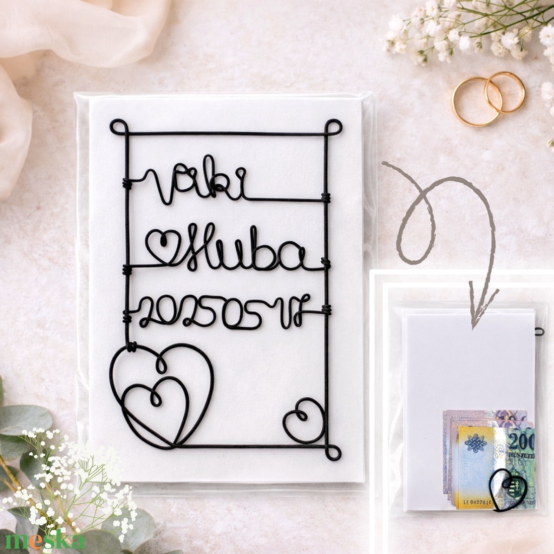Kreatív, drótból készített pénzátadó esküvőre - Ötletes, személyre szabott nászajándék pénz vagy utalvány átadásához - esküvő - emlék & ajándék - nászajándék - esküvői pénzátadó boríték, kártya - Meska.hu