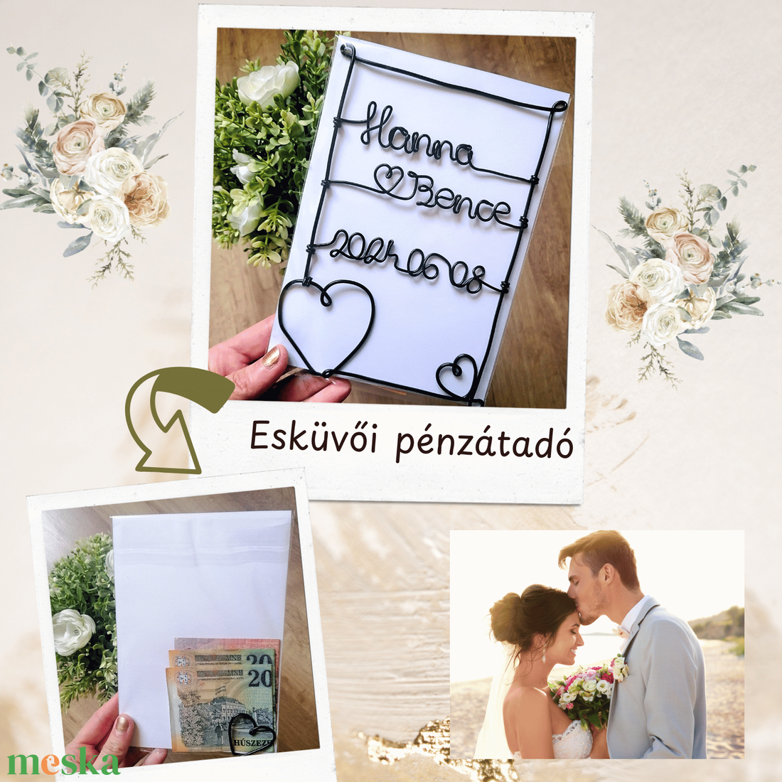 Kreatív, drótból készített pénzátadó esküvőre - Ötletes, személyre szabott nászajándék pénz vagy utalvány átadásához - esküvő - emlék & ajándék - nászajándék - esküvői pénzátadó boríték, kártya - Meska.hu