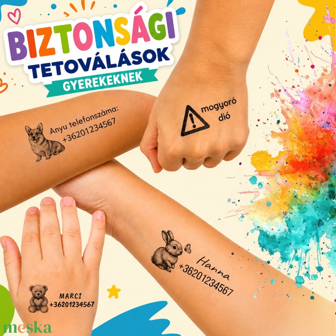 Gyermekbiztonsági tetoválás szülői telefonszámmal / allergia figyelmeztetéssel - információs lemosható tetkó gyerekeknek - otthon & életmód - papír, írószer - ideiglenes tetoválás - Meska.hu