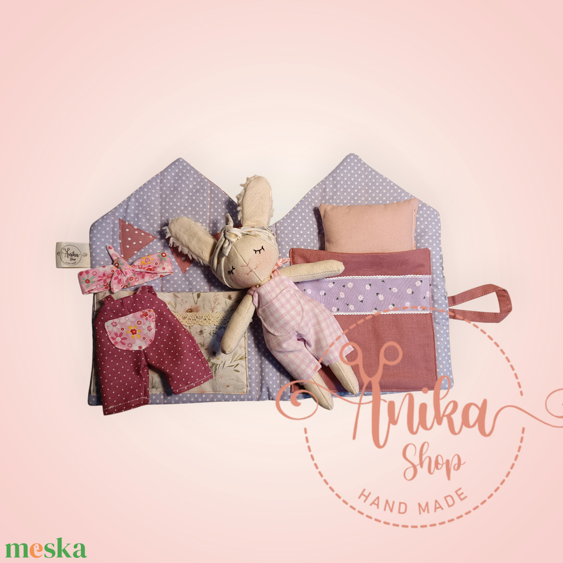 Textil házikó nyuszi babával  - játék & sport - baba & babaház - öltöztethető baba - Meska.hu