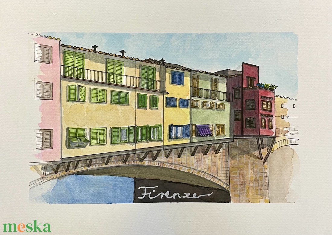 Olaszország, Firenzei híd - művészet - festmény - akvarell - Meska.hu