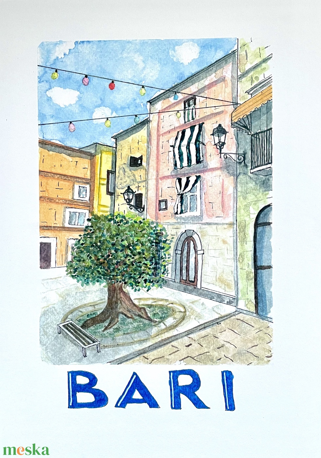 Olaszország, Bari, tér fával - művészet - festmény - akvarell - Meska.hu