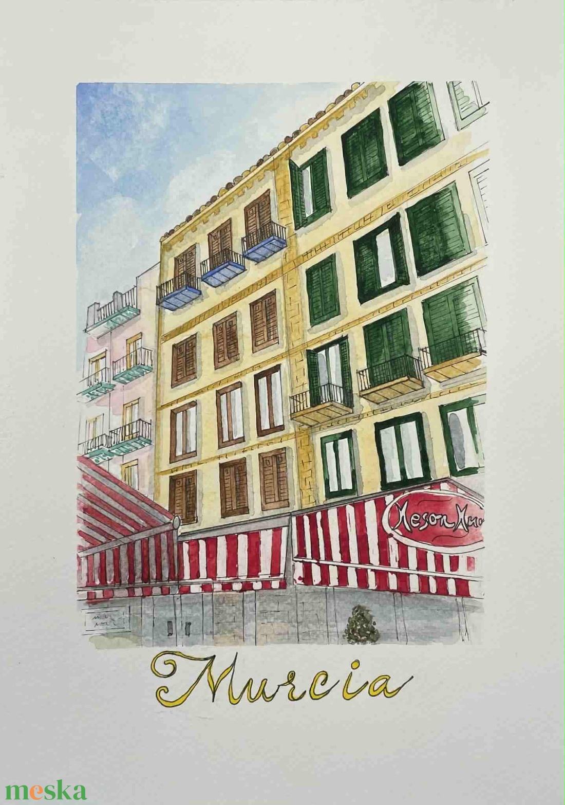 Spanyolország, Murcia, utcarészlet piros-fehér napernyőkkel - művészet - festmény - akvarell - Meska.hu