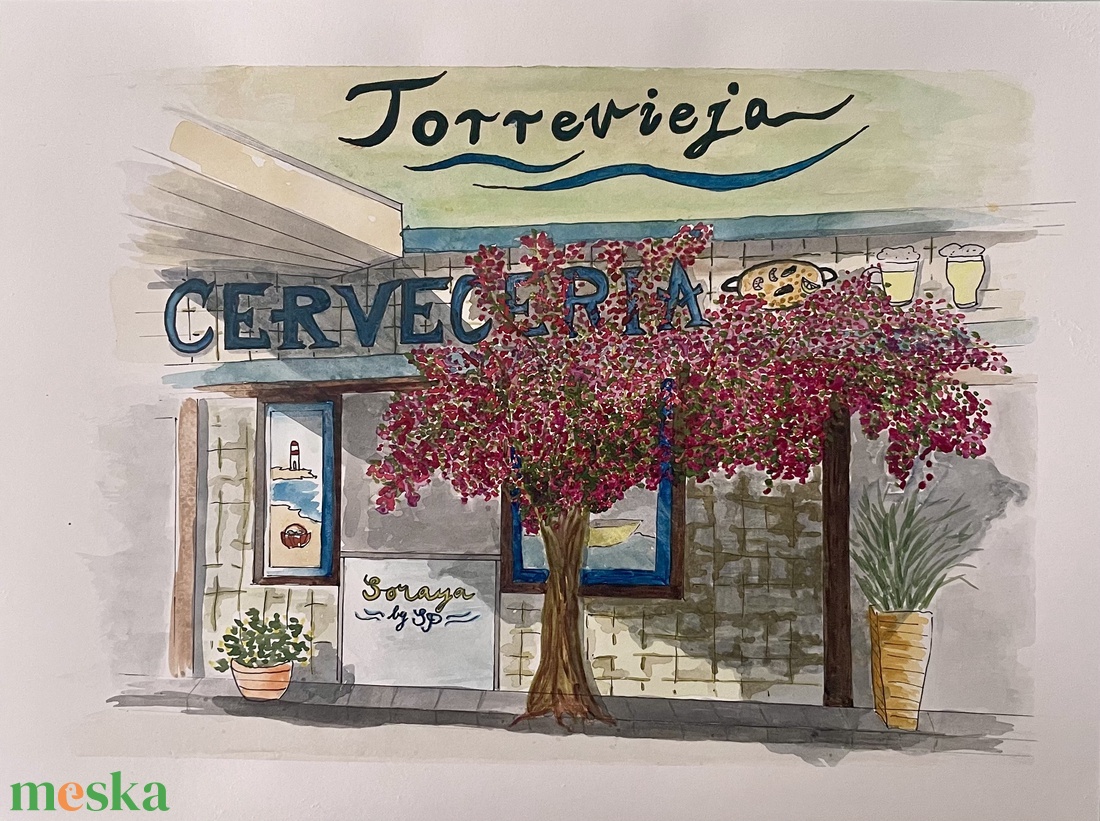Spanyolország, Torrevieja, Söröző virágos fával - művészet - festmény - akvarell - Meska.hu