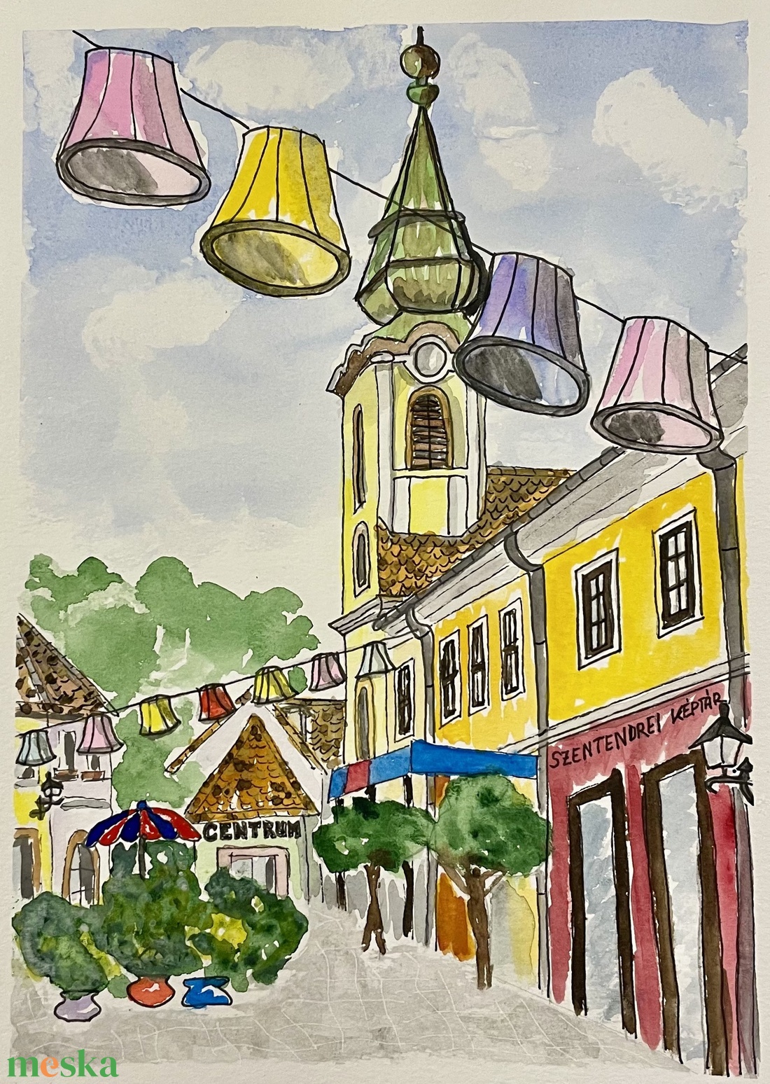 Szentendre színes lampionokkal - művészet - festmény - akvarell - Meska.hu