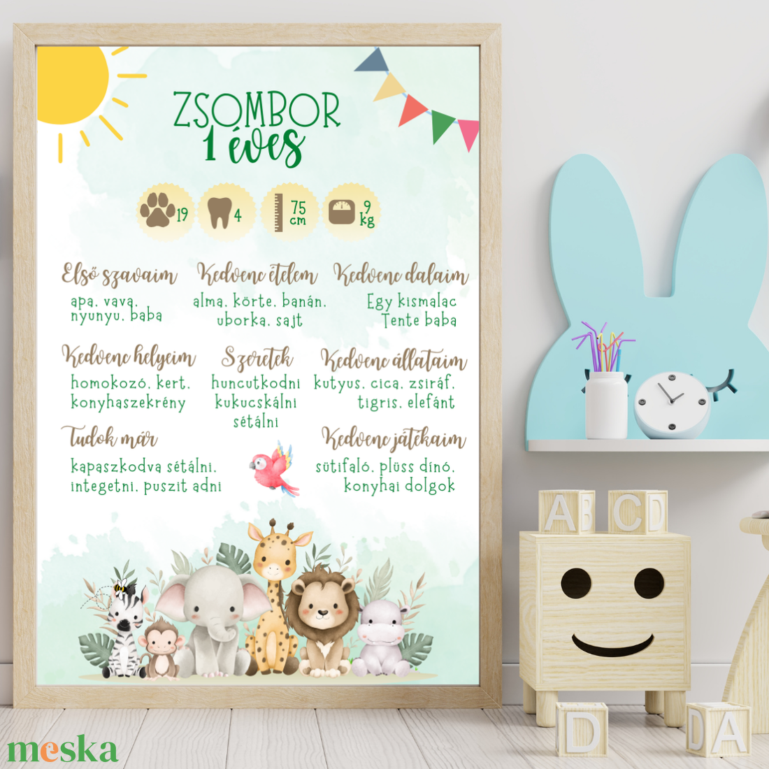 Szülinapi plakát, születésnapi poszter kisfiúknak, születésnapi kép, dzsungel állatai - digitális termék - otthon & életmód - babaszoba, gyerekszoba - babaszoba dekoráció - Meska.hu