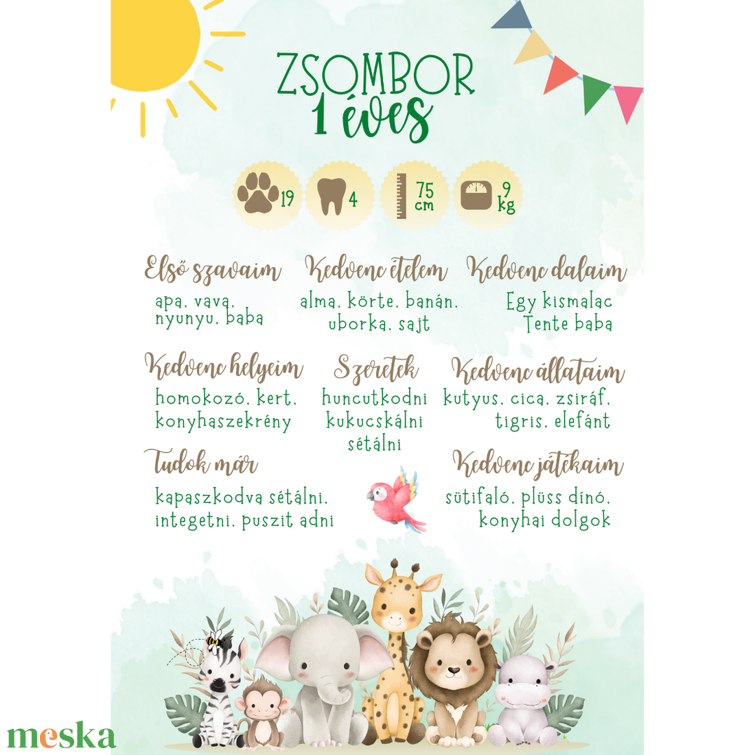 Szülinapi plakát, születésnapi poszter kisfiúknak, születésnapi kép, dzsungel állatai - digitális termék - otthon & életmód - babaszoba, gyerekszoba - babaszoba dekoráció - Meska.hu