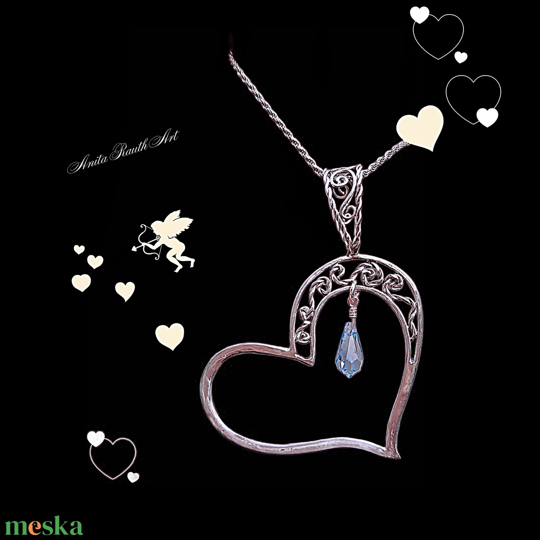 Ezüst szív Swarovski cseppel - kék - ékszer - nyaklánc - medál - Meska.hu Ezüst szív Swarovski cseppel - kék - ékszer - nyaklánc - medál - Meska.hu