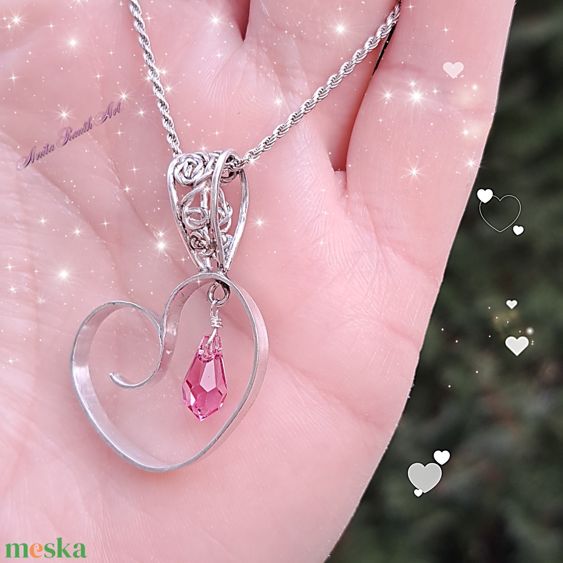 Ezüst szív rózsaszín Swarovski cseppel - ékszer - nyaklánc - medál - Meska.hu Ezüst szív rózsaszín Swarovski cseppel - ékszer - nyaklánc - medál - Meska.hu