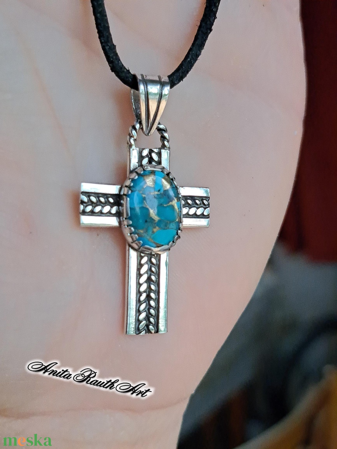 Türkizköves kereszt dupla csavarral - ékszer - nyaklánc - medál - Meska.hu