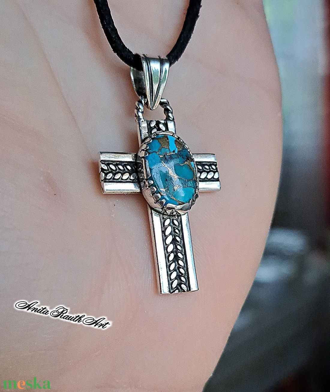 Türkizköves kereszt dupla csavarral - ékszer - nyaklánc - medál - Meska.hu