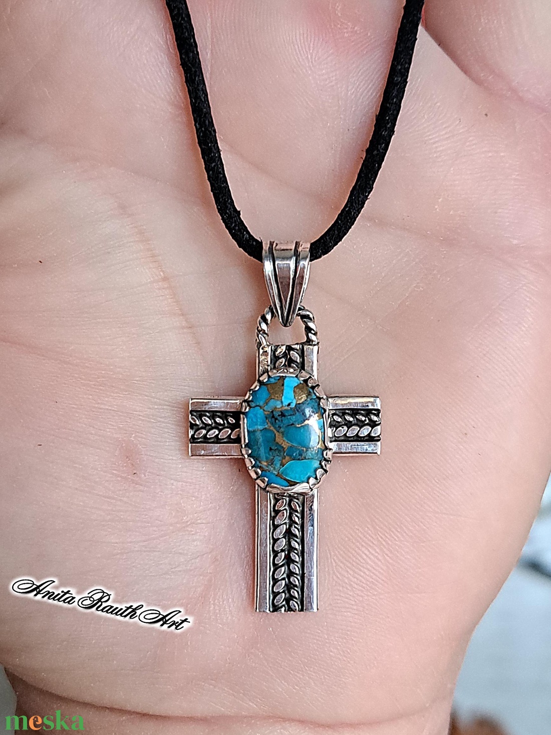 Türkizköves kereszt dupla csavarral - ékszer - nyaklánc - medál - Meska.hu