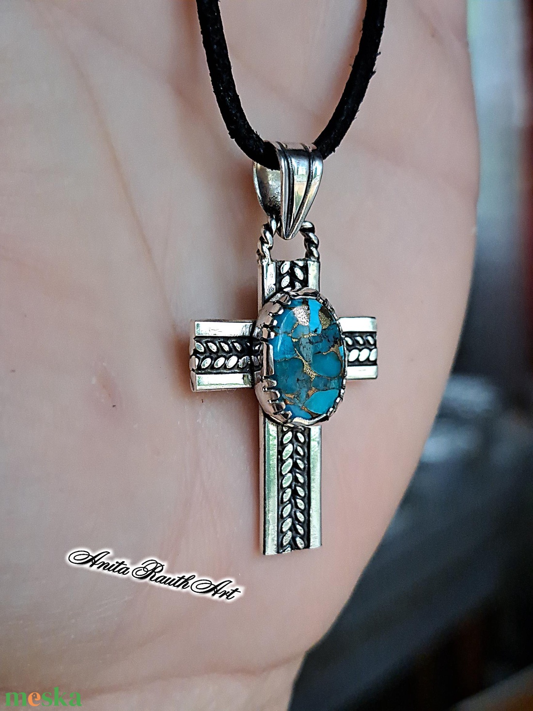 Türkizköves kereszt dupla csavarral - ékszer - nyaklánc - medál - Meska.hu
