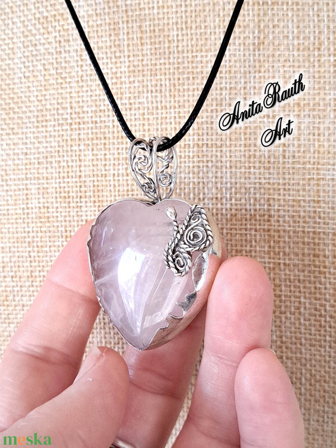 Rózsakvarc szív lepkével  - ékszer - nyaklánc - medál - Meska.hu