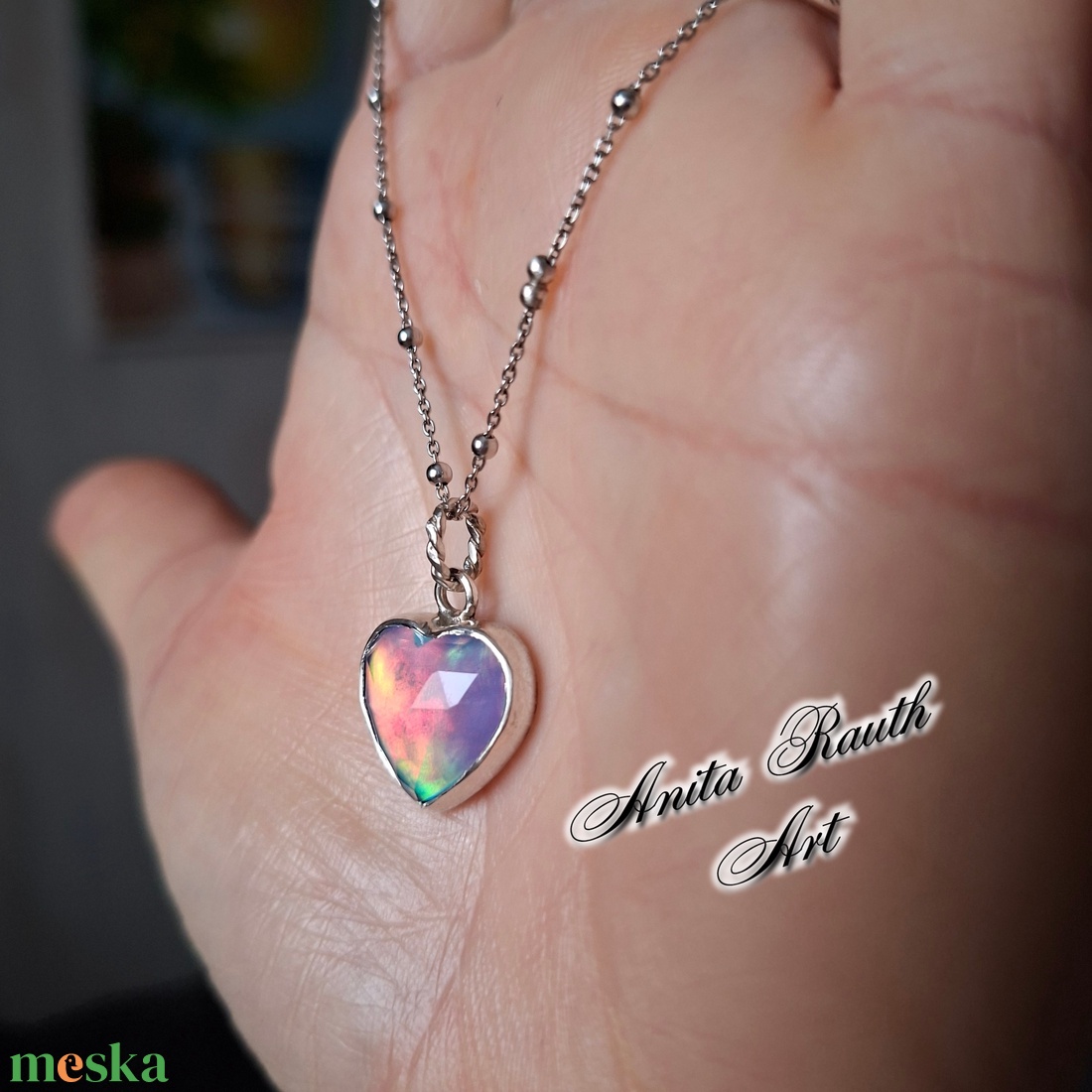 Aurora opál szív medál  - ékszer - nyaklánc - medál - Meska.hu