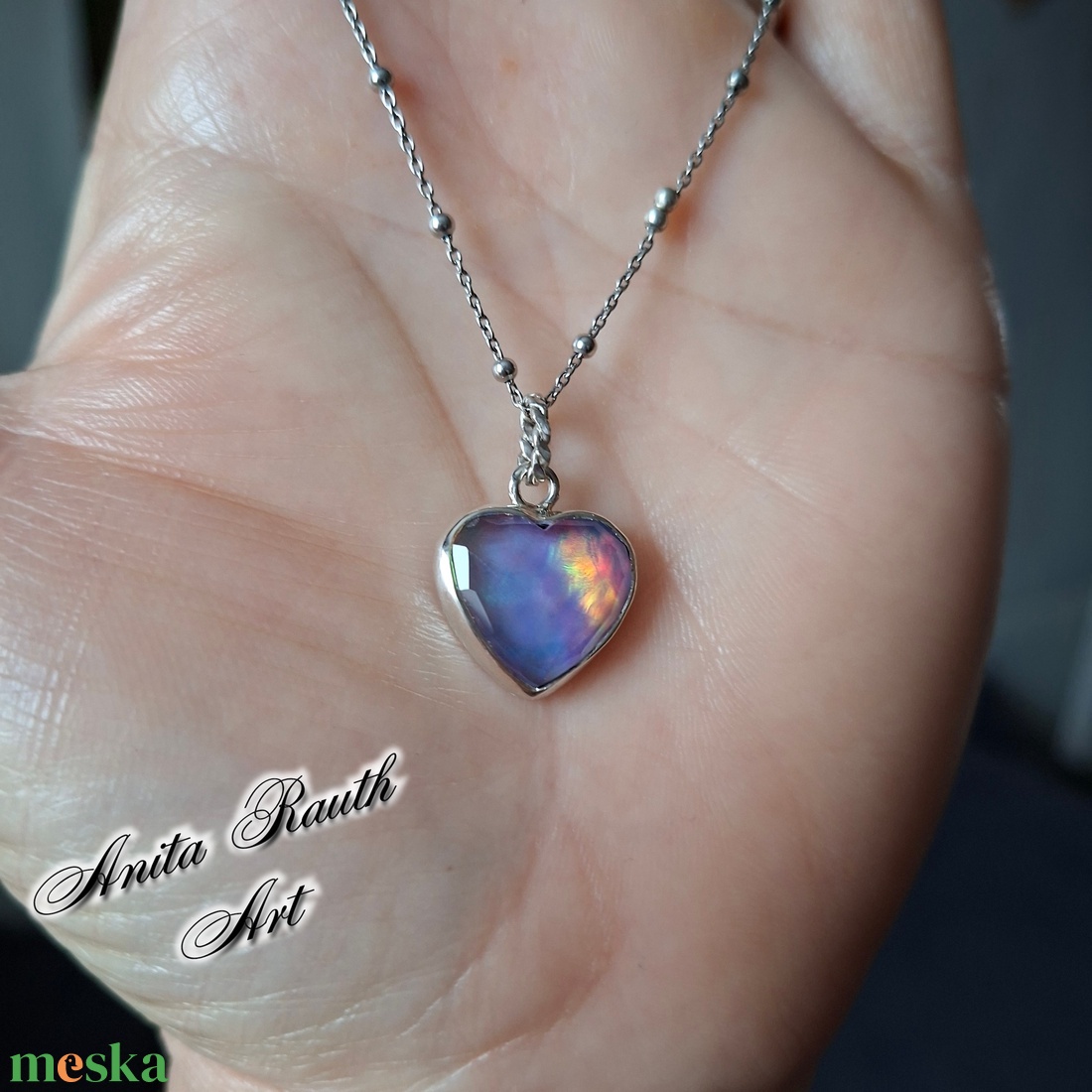 Aurora opál szív medál  - ékszer - nyaklánc - medál - Meska.hu