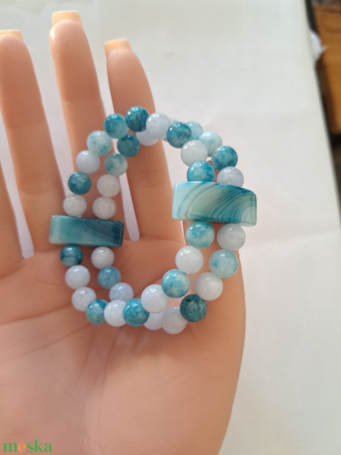 Larimar és Akvamarin kartötő Achát pillérekkel - ékszer - karkötő - ásványkarkötő - Meska.hu