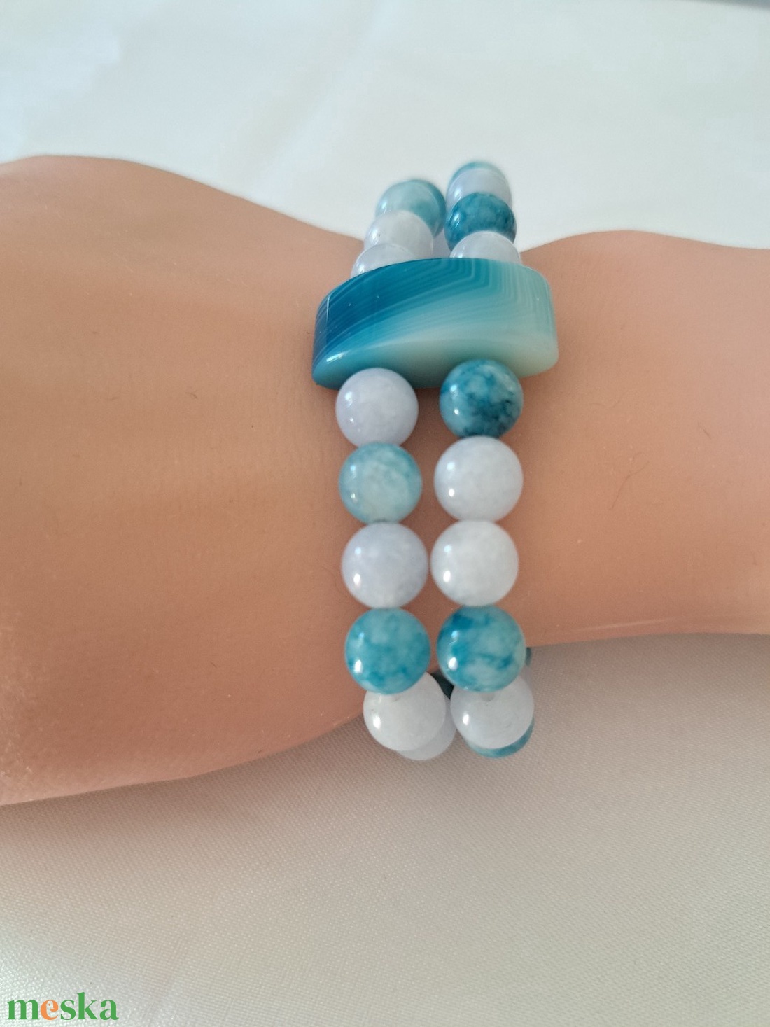 Larimar és Akvamarin kartötő Achát pillérekkel - ékszer - karkötő - ásványkarkötő - Meska.hu