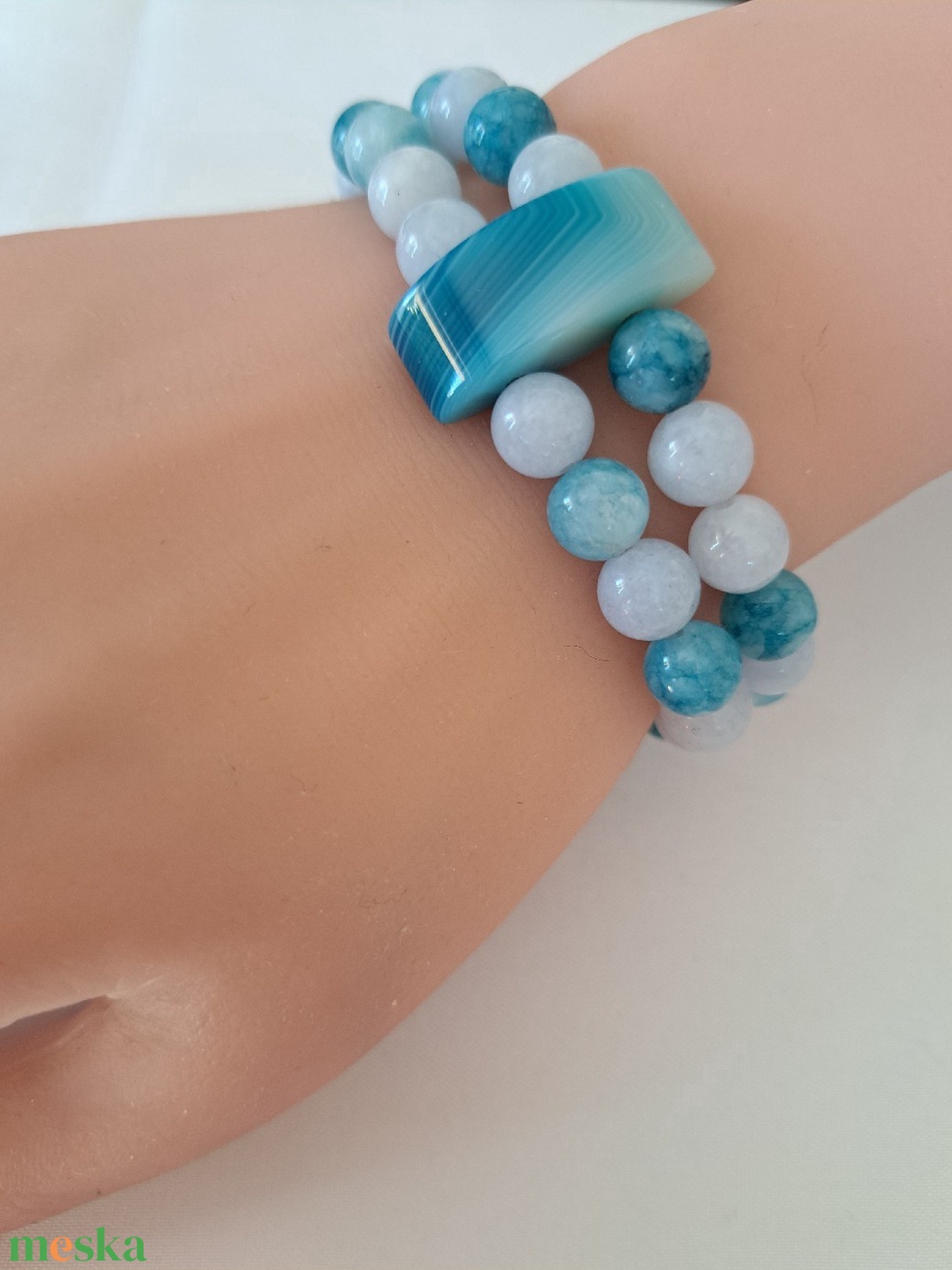 Larimar és Akvamarin kartötő Achát pillérekkel - ékszer - karkötő - ásványkarkötő - Meska.hu