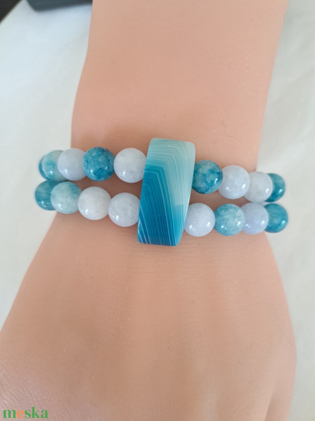 Larimar és Akvamarin kartötő Achát pillérekkel - ékszer - karkötő - ásványkarkötő - Meska.hu
