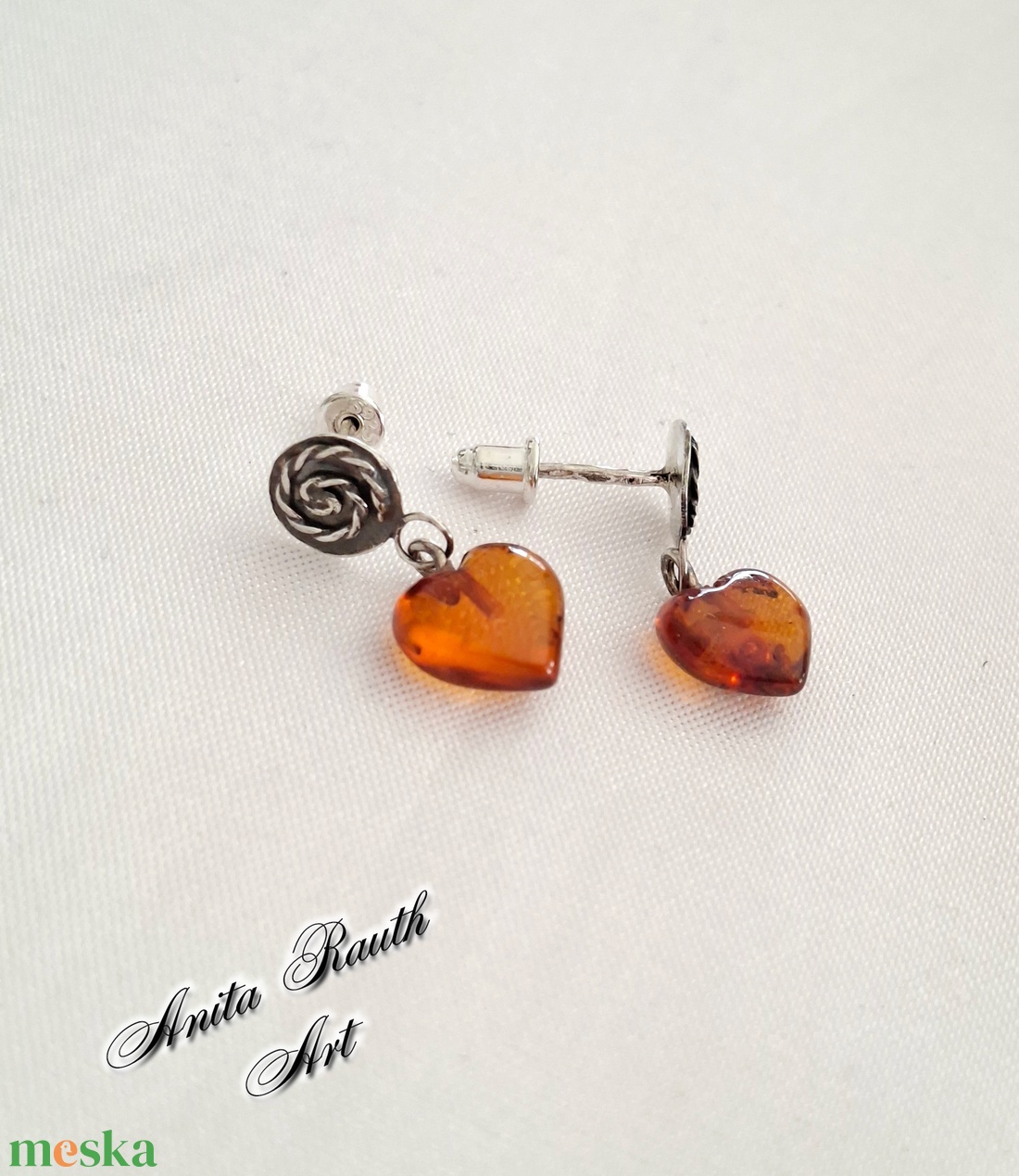 Borostyánkő szív fülbevalók - ékszer - fülbevaló - lógó fülbevaló - Meska.hu
