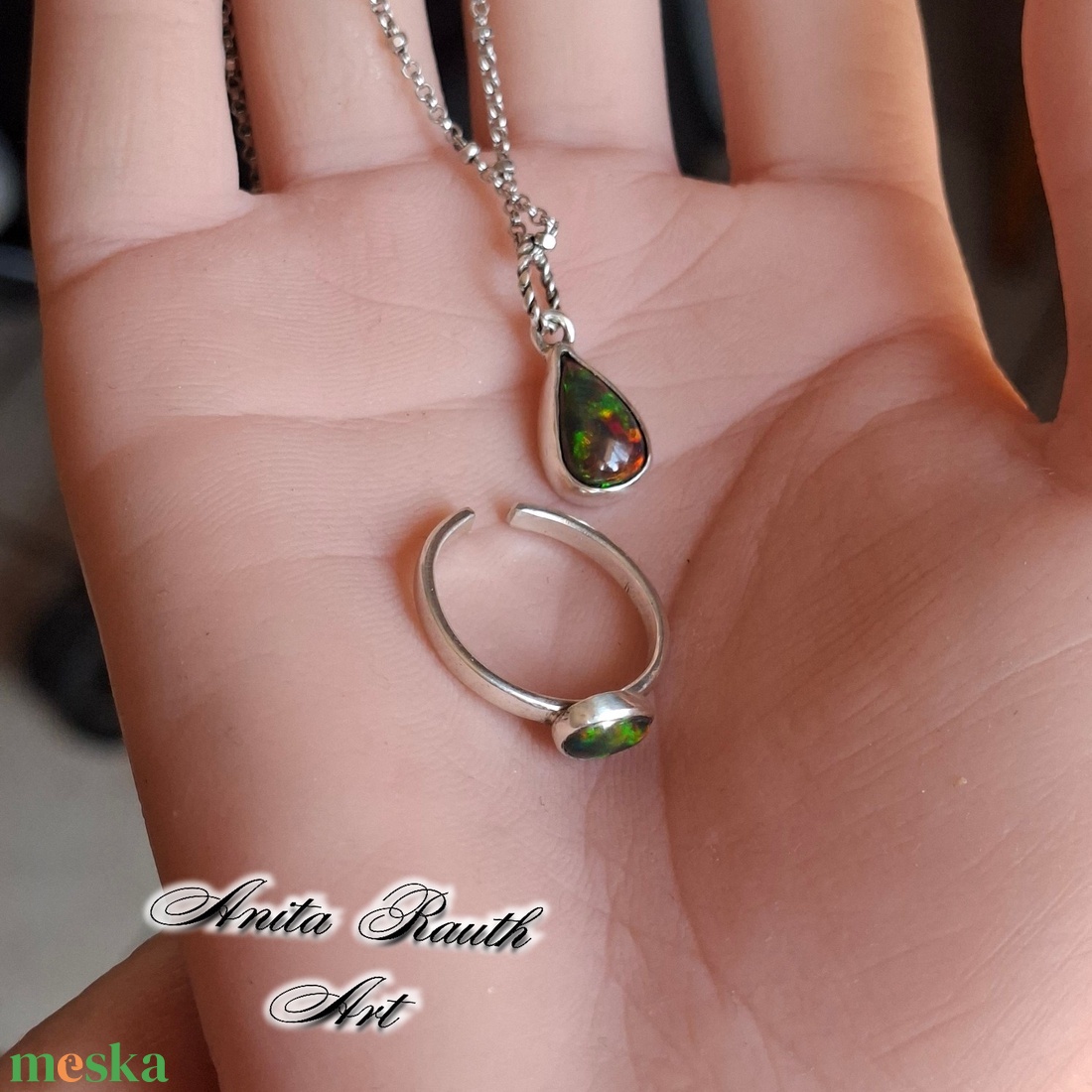 Feketeopál szett (medál és gyűrű) - ékszer - nyaklánc - medál - Meska.hu