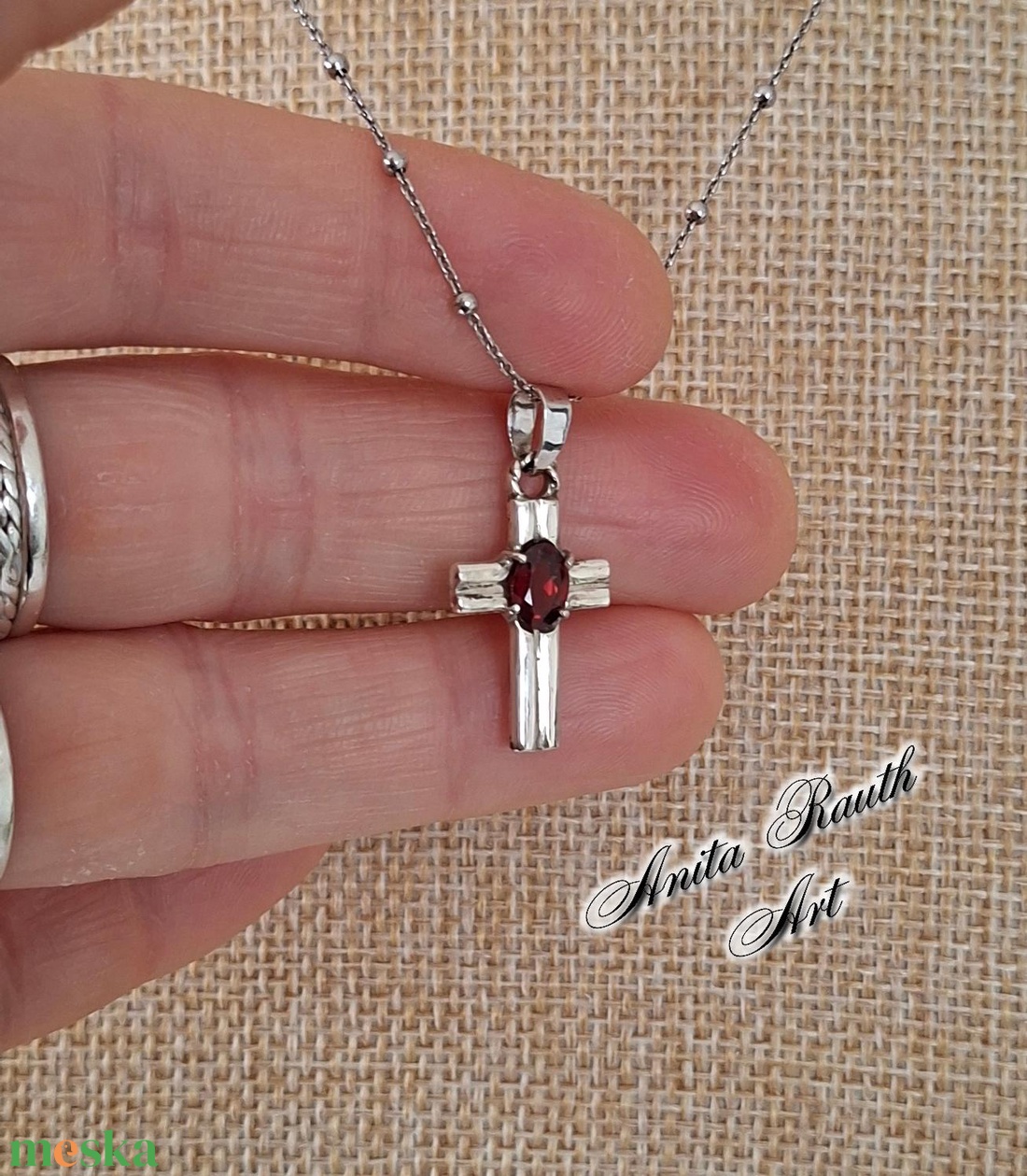 Gránát köves kereszt  - ékszer - nyaklánc - medál - Meska.hu