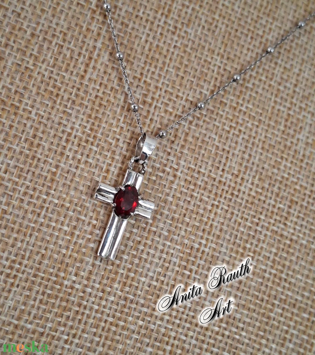 Gránát köves kereszt  - ékszer - nyaklánc - medál - Meska.hu