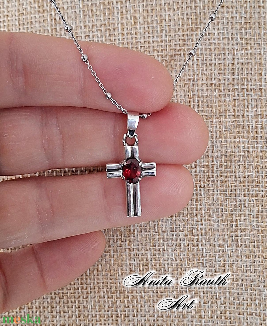 Gránát köves kereszt  - ékszer - nyaklánc - medál - Meska.hu