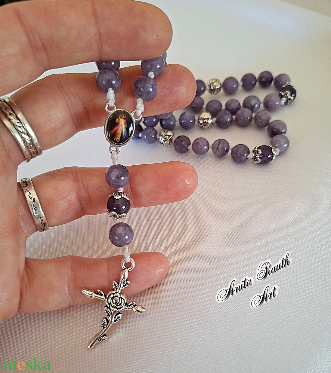 Rózsafüzér leopoldit és ametiszt gyöngyökkel - otthon & életmód - vallás - lánc & füzér - Meska.hu