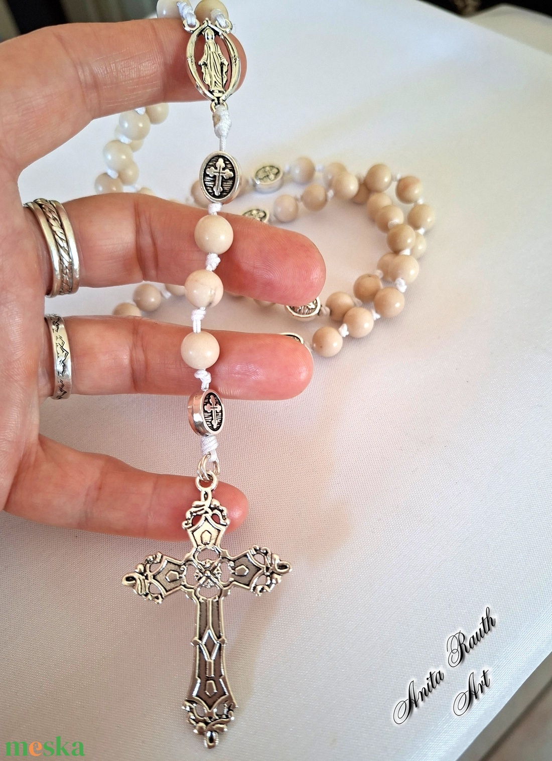 Rózsafüzér elefántcsont jáde gyöngyökkel - otthon & életmód - vallás - lánc & füzér - Meska.hu