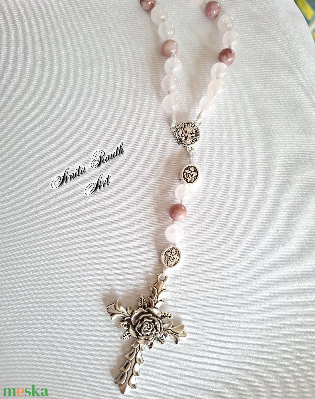 Rózsafüzér rózsakvarc és pink opál gyöngyökkel - otthon & életmód - vallás - lánc & füzér - Meska.hu